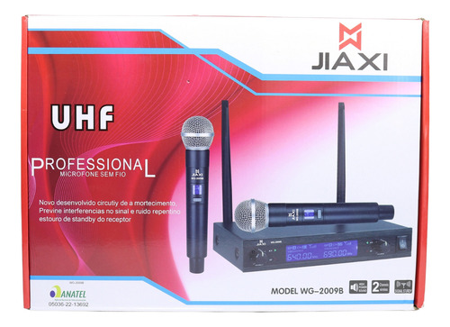 Microfone Profissional Dinâmico Sem Fio Duplo Uhf Cardioide Cor Preto