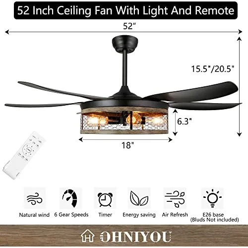 Ohniyou Ventilador De Techo Con Luces Y Mando A Distancia, V