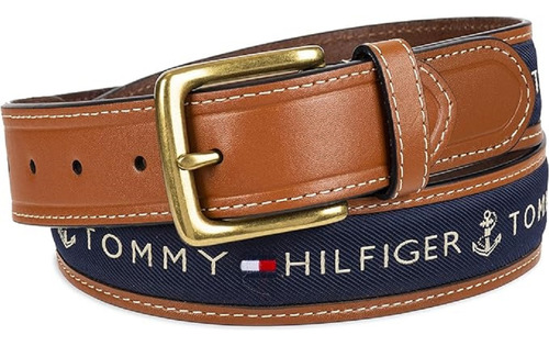 Cinturón Para Hombre Tommy Hilfiger F4567 De Cuero Azul Oscuro Con Hebilla Color Dorado Y Diseño De La Hebilla Cuadrada Talle 32