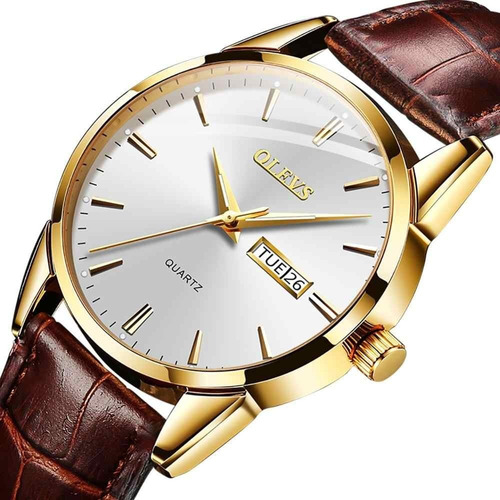 Relógio Masculino De Luxo Dourado Olevs Casual Cor da correia Marrom Cor do fundo Branco + Pulseira