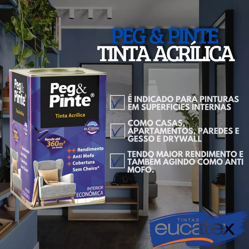 Tinta Acrílica Peg E Pinte Eucatex 18l Super Econômica Sem Cheiro E Anti Mofo Com Proteção De Superfície Interna E Rende Extra Ouro Tintas Cor Branco Gelo
