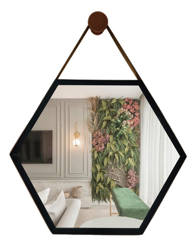 Espelho Adnet Sextavado 50cm Decorativo Com Alça + Suporte Moldura Preto Alça Preta