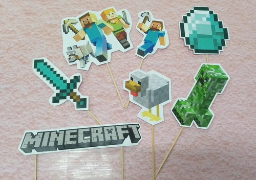 Banderin Feliz Cumple Guirnalda + Topper Cake Minecraft Minecraft