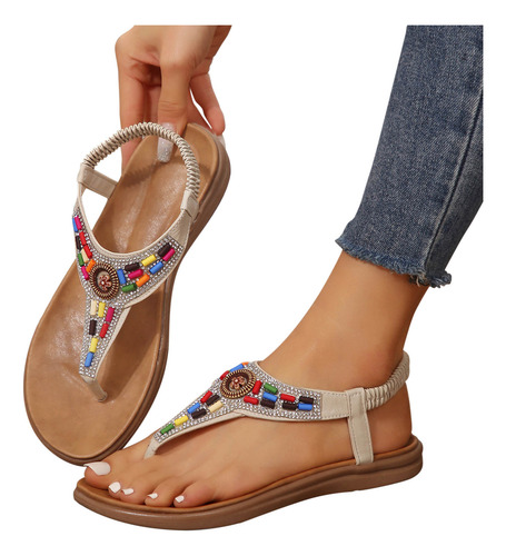 Sandalias De Fondo Plano De Estilo Étnico Con Cuentas, Banda