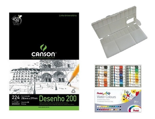 Kit Papel Canson Desenho + Aquarela Pentel  24 Cores +godê