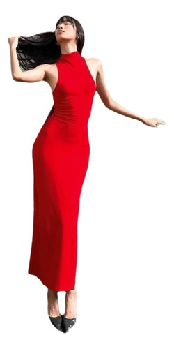 Vestido Largo De Moda Liso Con Cuello Halter Sin Mangas