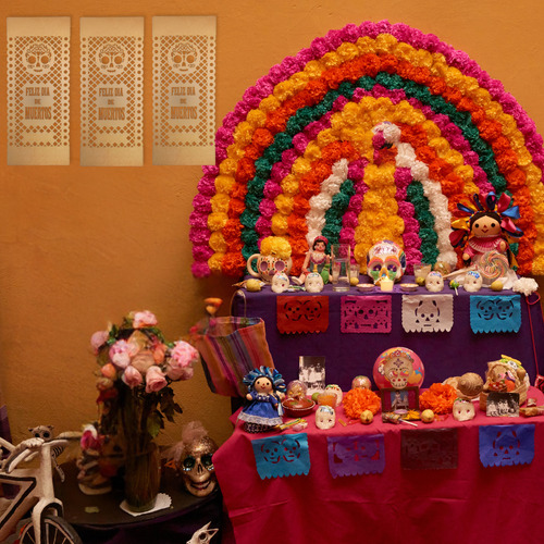 3 Pzs Papel Picado Vertical Ofrenda Dia De Muertos Halloween