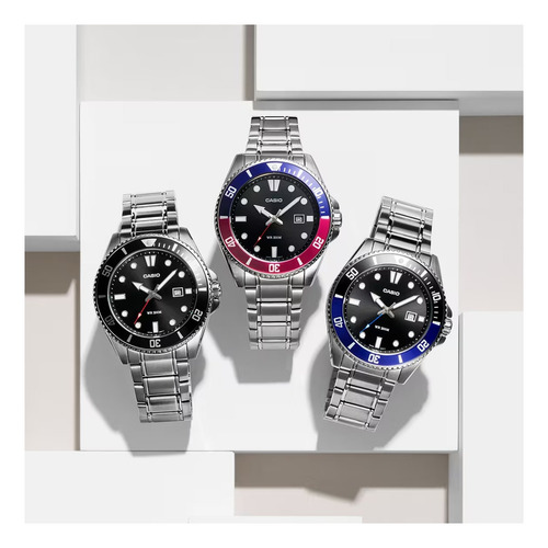 Reloj Casio Hombre Mdv-107d-1a2 Analogico 200m Acero Inox Color De La Malla Plateado Color Del Bisel Azul Y Negro Color Del Fondo Negro