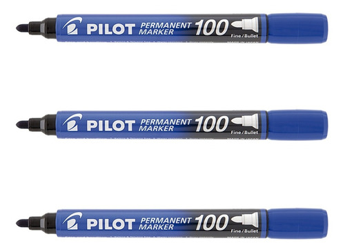 Kit 3 Marcador Permanente Pilot Sca-100 Ponta Redonda Bullet Cor Azul