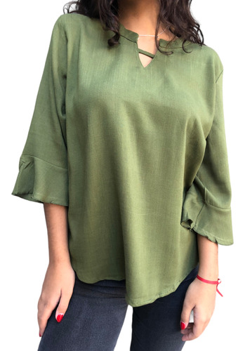 Blusa Mujer Cuello Mao Manga Oxford Volado Lino Elastizado