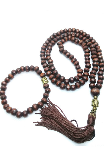 Imagem 1 de 5 de Japamala 108 Contas Masculino Madeira Marrom + Pulseira Buda