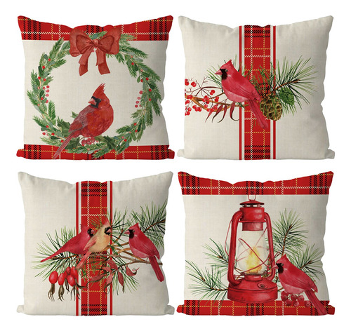 4 Funda Almohada Navidad 18 X 18  Diseño Cuadro Rojo