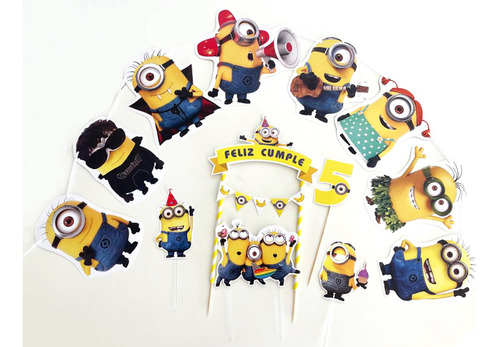 Kit Adorno Topper De Torta + Guirnalda X8 Figuras - Minions