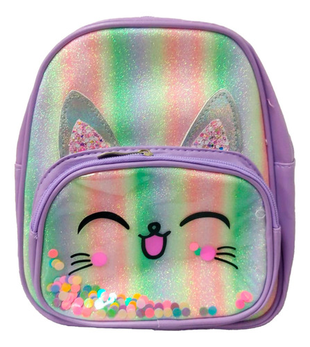 Linda Mochila Para Niños De Gatito Con Adornos De Lentejuela Tela De Brillitos De Colores Correas Ajustables Con Dos Bolsas