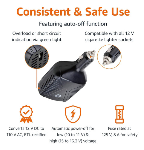Inversor De Corriente De Coche Amazon Basics De 75 W, 12 V A