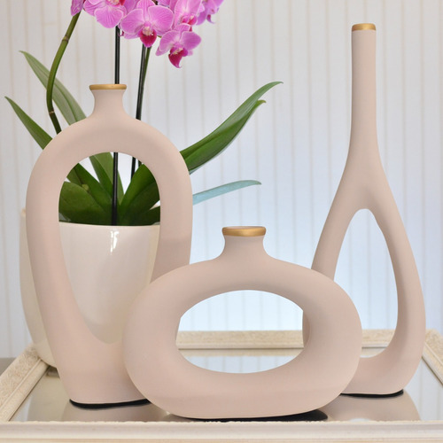 Set de Adornos Decorativos de Cerámica Vasinho para Sala de Estar Mld Decor Home Color Crema
