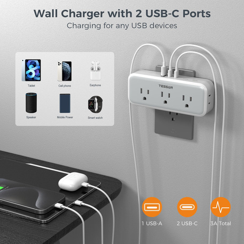 Extensor De Enchufes MĂșltiples Tessan Con 5 Enchufes Y 3 Usb