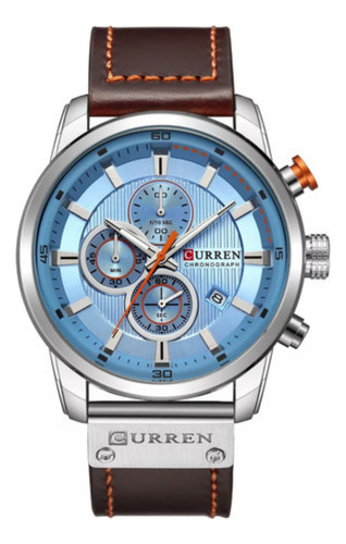 Relógio Curren Masculino 8291 Azul Pulseira Marrom Elegante