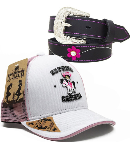 Kit Infantil Bone Country Cinto Couro Menina Cowgirl Country