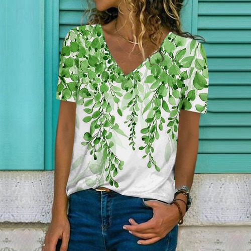 Top Con Botones Y Cuello En V De Manga Corta De Verano A La