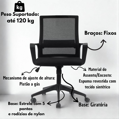 Cadeira De Escritorio Giratoria Ergonomica Preta Com Rodinha