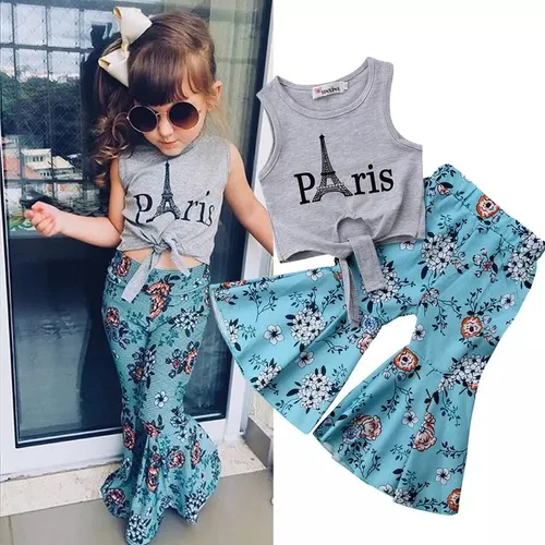 Conjunto Infantil Cal a Flare Azul E Blusinha Cropped Paris