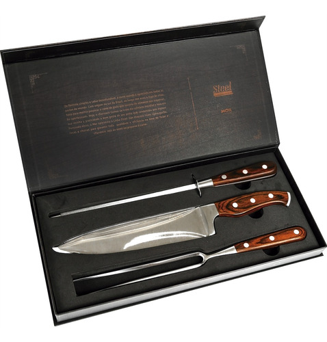 Imagem 5 de 5 de Kit Churrasco Sofisticado Faca Garfo Chaira Cabo Madeira Mor
