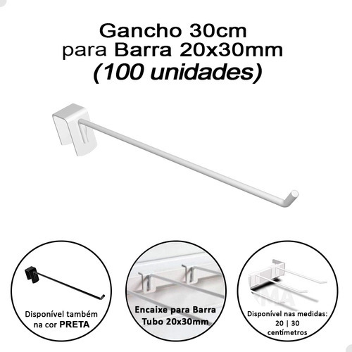 Kit 100 Gancho Expositor 30cm P/ Régua Barra 20x30mm Loja Cor Branco