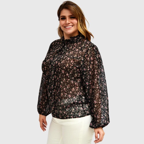 Blusa De Chiffon Con Manga Larga, Modelo 4200 (negro Floread