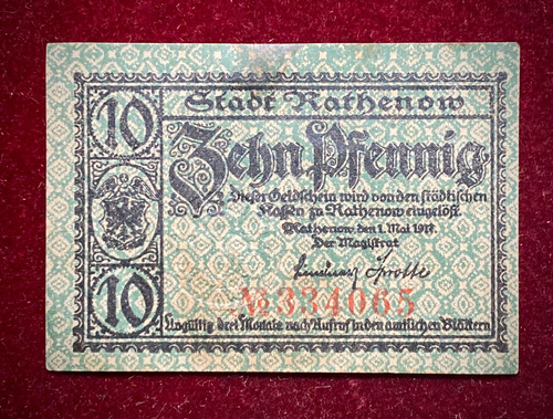 Billete 10 Pfennig Alemania 1917 Notgeld Rathenow (Usado)
