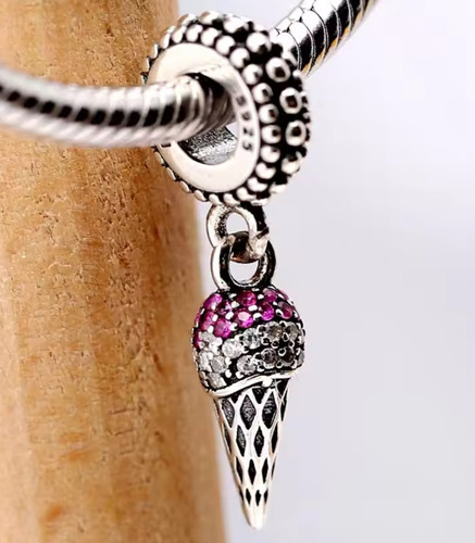 Charm 100% Plata Ley S925 Dije Cono Helado Ice Cream Postre Helado Zirconia