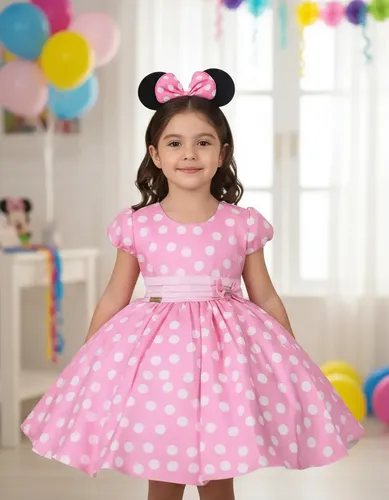 Vestido Minnie Rosa Infantil com 2 Tiaras