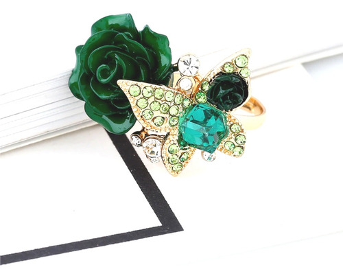 Anillo Romántico En Flor Rosa Verde Elegante Para Compromiso