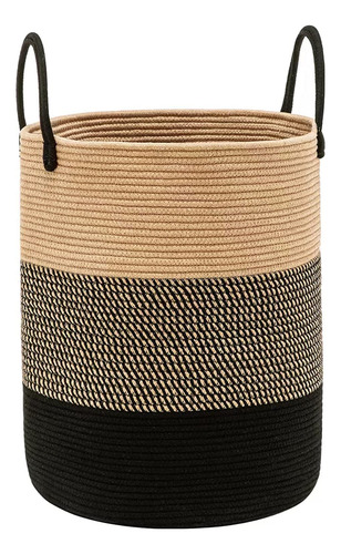 Cesto De Cuerda Tejido Con Asas 58l Beige Y Negro Multiusos