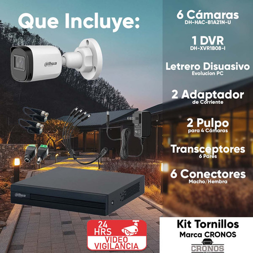 Kit Videovigilancia Cronos 6 Cámaras Dahua Bala B1A21N 2mp + Baluns + Accesorios - Kit Cctv DTH029-PLUS6-SC (dvr Dahua Xvr1b08-i Circuito Cerrado)