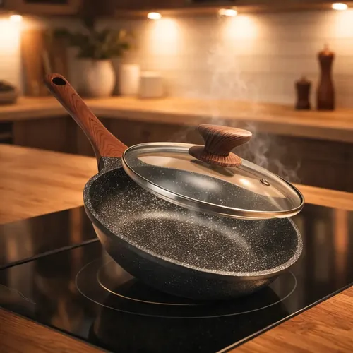 Frigideira Cerâmica Com Tampa ​Antiaderente 24cm Grande Para Fogão A Gás Indução Profissional Preto - Era Home Decor