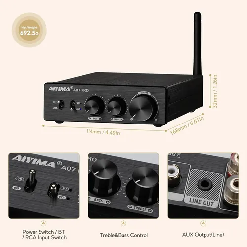 Aiyima A07 PRO パワーアンプ 2x300W デジタルアンプ Amplificador Estéreo Aiyima A07 Pro Bluetooth 5.2 Negro 220v
