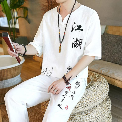 Camiseta Hanfu Para Hombre Linen Tang Suit, Traje De Algodón