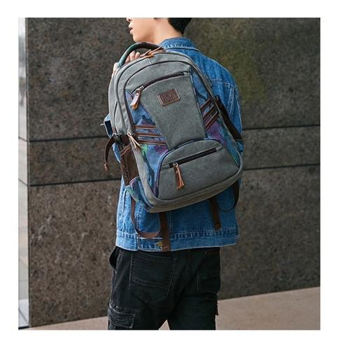 Mochila Masculina De Lona Com Entrada Usb Para Notebook Cor Cinza Desenho Do Tecido Cinza