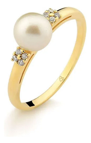 Anel Em Ouro 18k Com Pérola E 4 Pontos De Diamante Aro 17