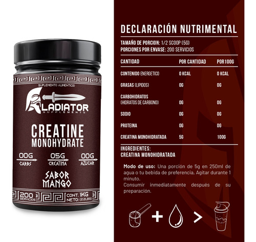 Gladiator Creatina + Glúteo Peptonas Rule 1 / 1kg C/u Mango - Sin Sabor