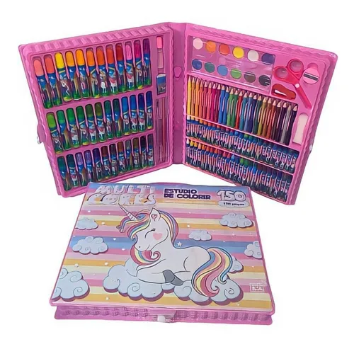 Kit Estojo Escolar Infantil Maleta de Colorir e Desenhar Unicórnio