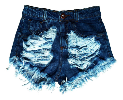 Imagem 1 de 2 de Shorts Jeans Escuro Rasgado Feminino Cós Alto Desfiado St010