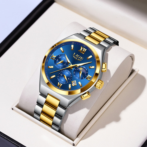Reloj Pulsera Relojes Hombre Impermeable Acero Inoxidable Correa Plateado/Dorado Bisel Dorado Fondo Azul