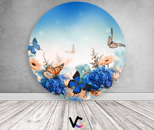 Painel De Festa 3d - Borboletas Flores Azuis - 1,50x1,50 Cor Colorido