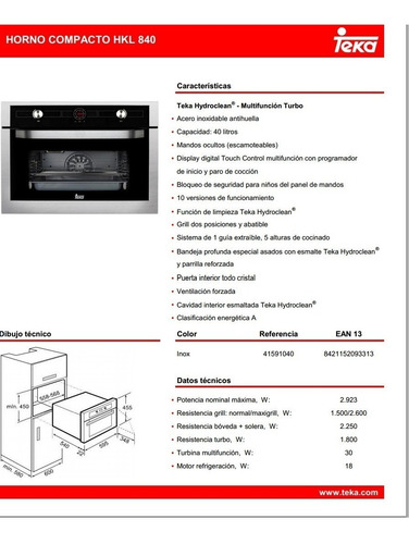 Horno Electrico Teka Hkl - 840 Compacto 60 Cm