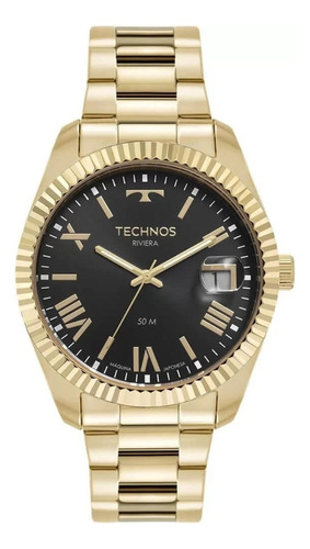 Relógio Masculino Technos Riviera Original Dourado Luxo Fundo Preto