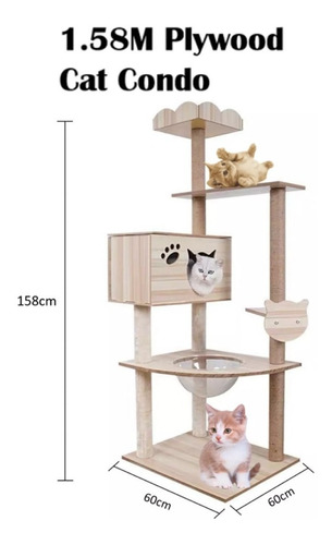 Imagen 3 de 6 de Rascador Gatos Tipo Torre 158 Cm Madera Casa Terciopelo