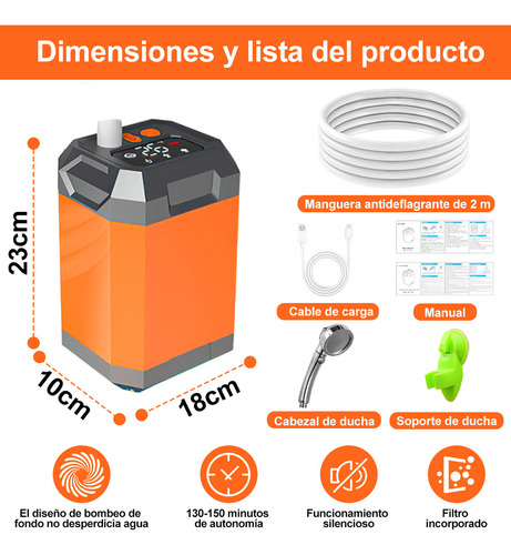 Cabezal de ducha portátil recargable de 7800 mAh, adecuado para acampar al aire libre, multifunción