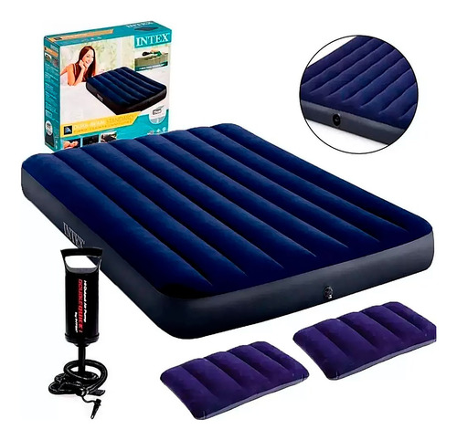 Kit Colchão Inflável Casal Intex C/bomba Manual+ Travesseiro Cor Azul